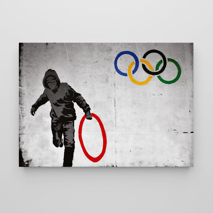 Giallobus - Gemälde - Banksy - - Standardleinwand - 50x35-11 - Olympischer Kreis - Bereit zum Aufhän