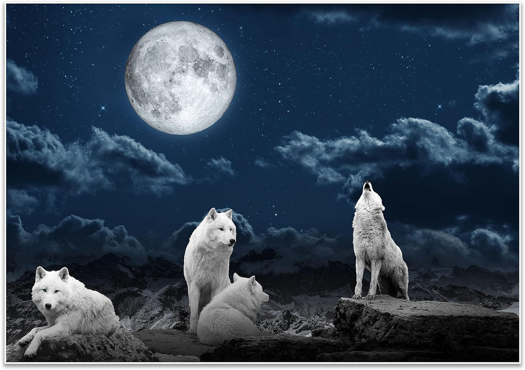 wandmotiv24 Poster als Wanddeko, Grösse 100x70cm, Wolfsrudel, Wolf, Gemälde, Mond, Wölfe, Felsen, Ti