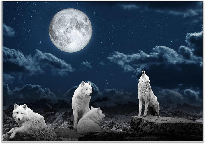 wandmotiv24 Poster als Wanddeko, Grösse 100x70cm, Wolfsrudel, Wolf, Gemälde, Mond, Wölfe, Felsen, Ti