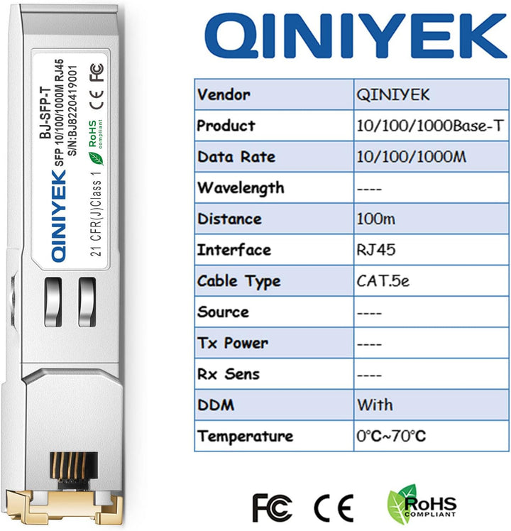 QINIYEK 1.25G SFP-T, 10/100/1000BASE-T RJ45 Kupfer SFP für Cisco GLC-T/SFP-GE-T/GLC-TA, Mikrotik SRJ