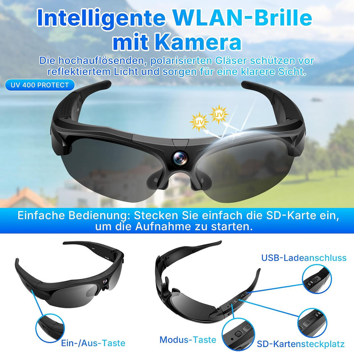 Sonnenbrillen mit Actionkamera, 120°-Smart-Brillen-Kamera (schwarz) | Brillen-Actionkamera mit WLAN,