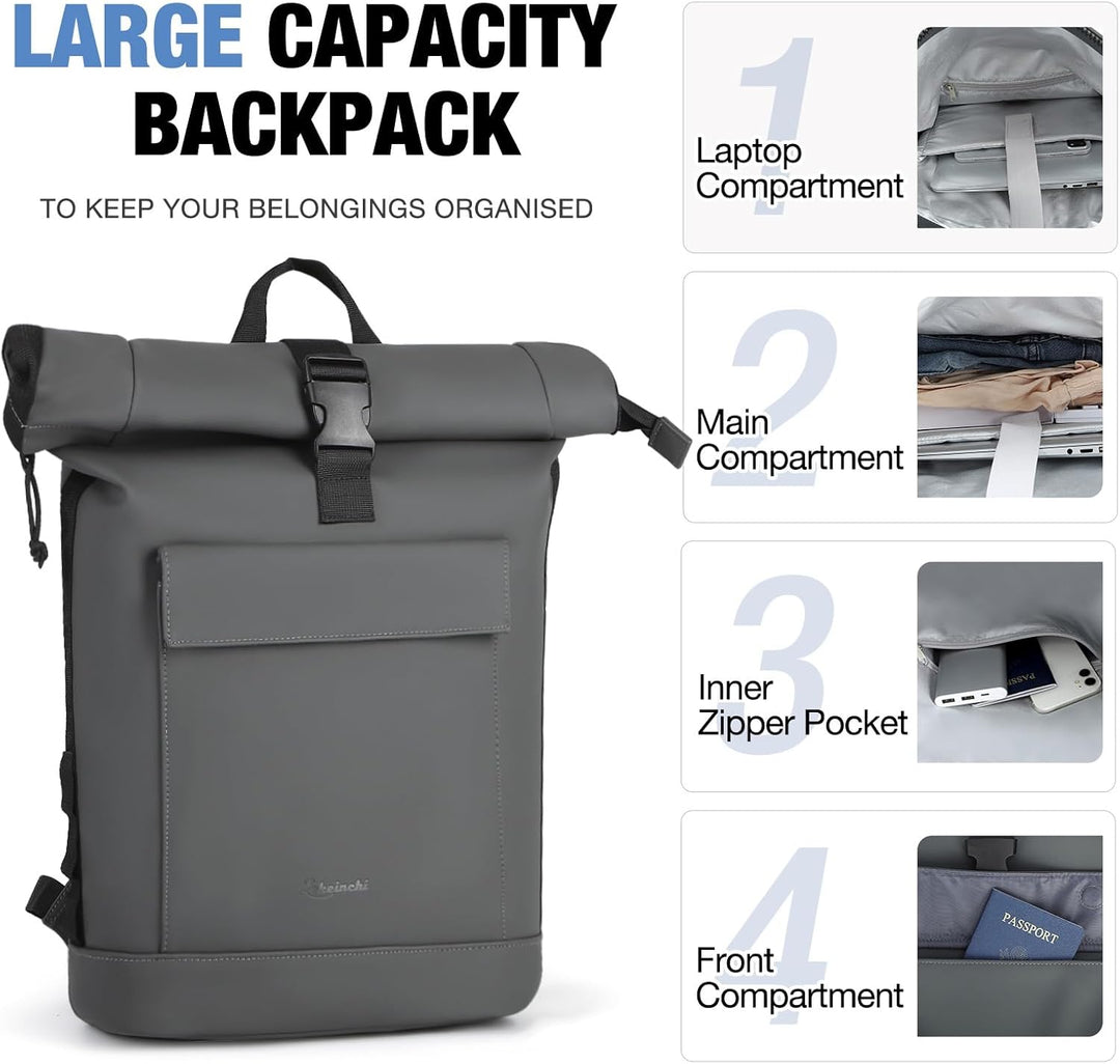 Rolltop Rucksack Damen & Herren, Elegant Laptop Rucksack Wasserdicht mit 17 Zoll Laptopfach, Grosser