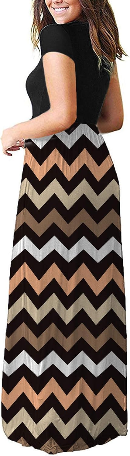 AUSELILY Damen Kurzarm Loose Casual Long Maxi Kleider mit Taschen Gestreift Schwarz M, Gestreift Sch