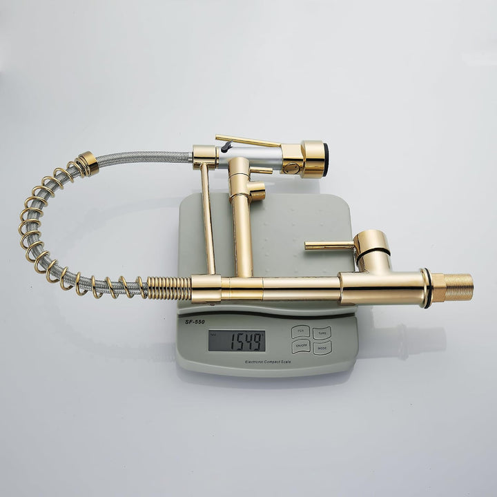 Waschbeckenarmatur mit ausziehbarem Sprüher, hoher Bogen, Einhebelmischer, Küchenarmatur, Farbe Gold