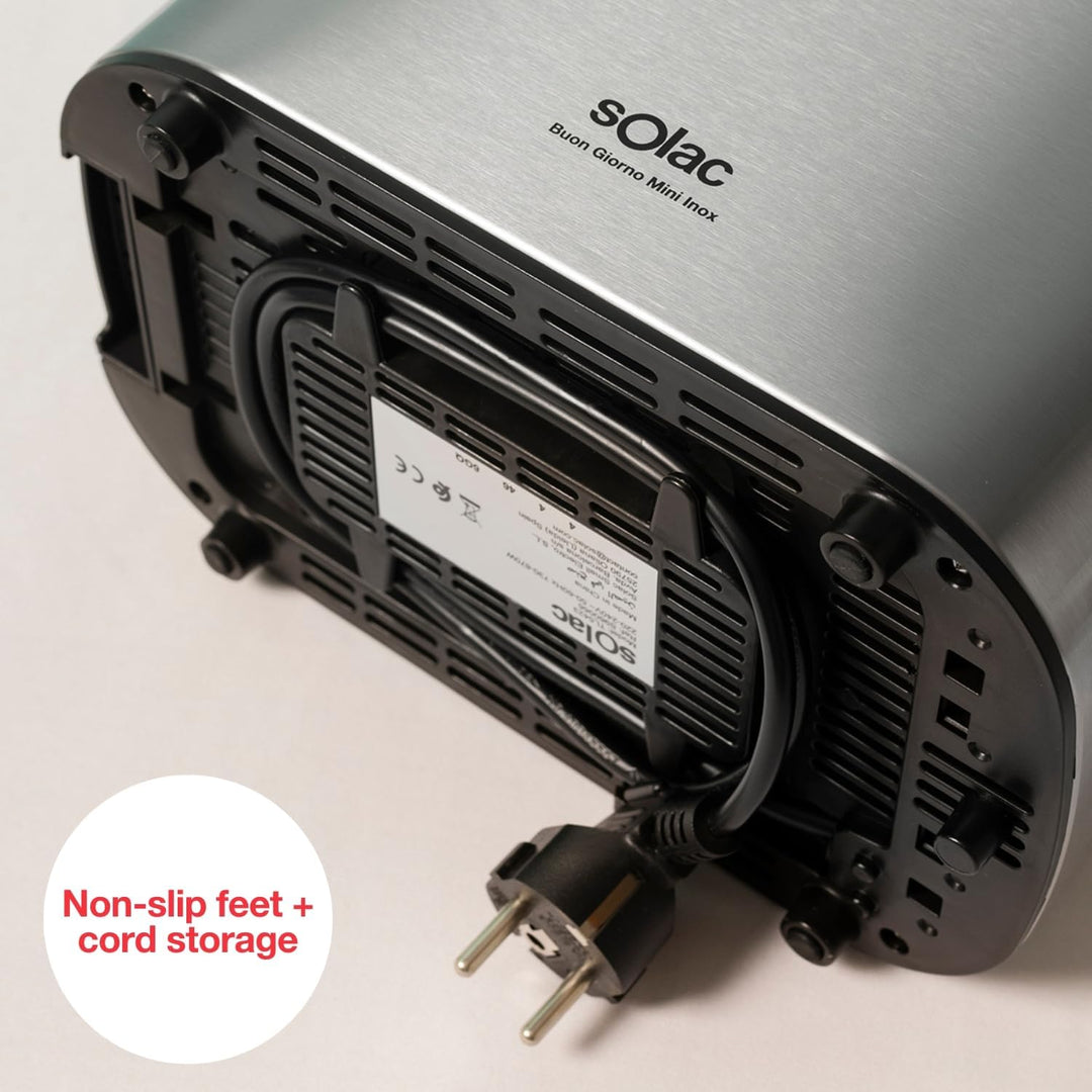 Solac – Toaster Buon Giorno Mini Inox, 870W, 13x11,5x3,4cm Toastfläche, 6 Bräunungsstufen, 3 Funktio