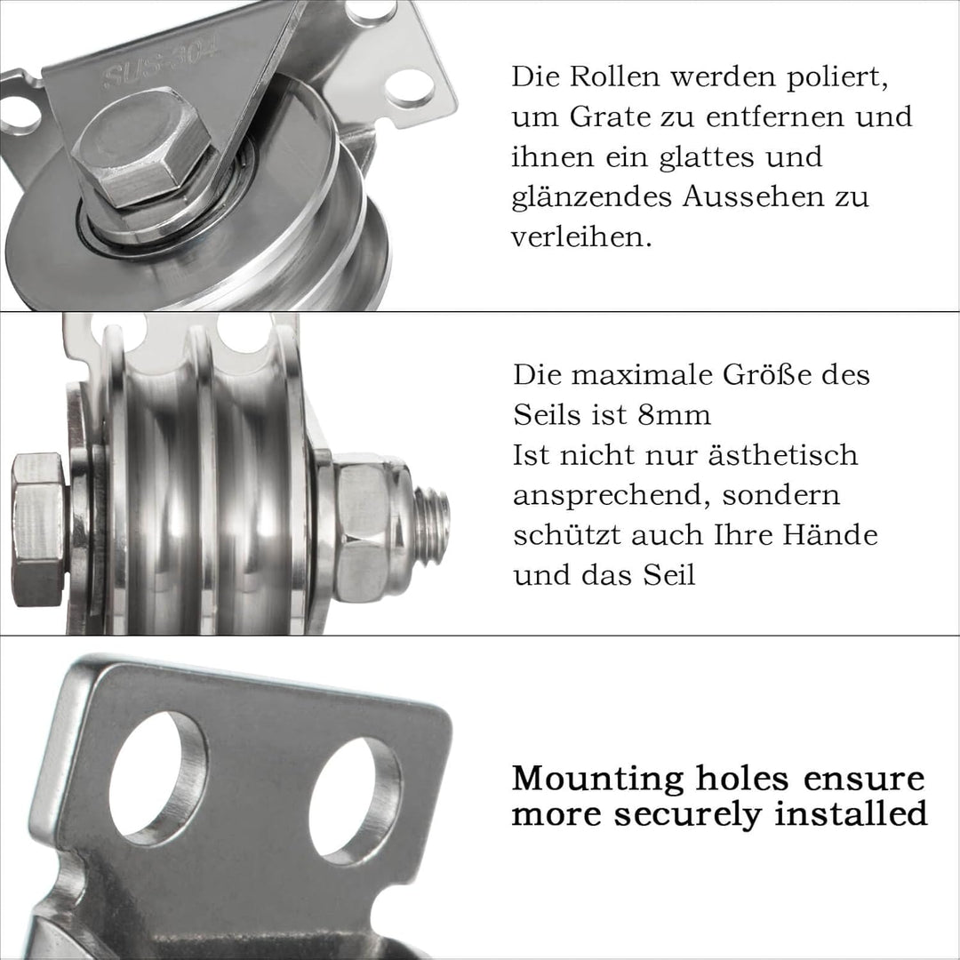 Doppelte Umlenkrolle mit 2 Kugellager, Edelstahl Flaschenzug, Umlenkrollen für 8mm Seile Stahlseil,