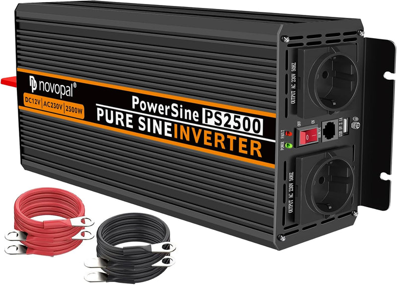 NOVOPAL 2500W Wechselrichter 12v Auf 230v Reiner Sinus Spannungswandler mit 2 EU-Steckdose und Einer