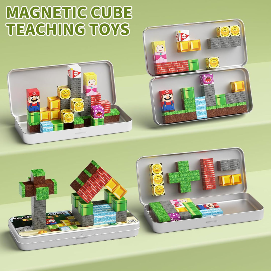 Magnetische Bausteine Reisespielzeug für Kinder, Tragbare Eisenbox Magnetische Spielsteine 35 PCS, M
