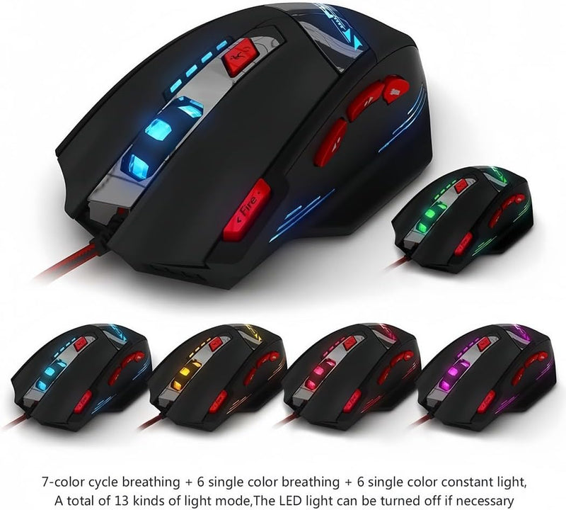 zelotes T90 Gaming Maus 9200 DPI, 8 Programmierbare Tasten, Multi-Modi LED, USB Gaming Maus, Gewicht