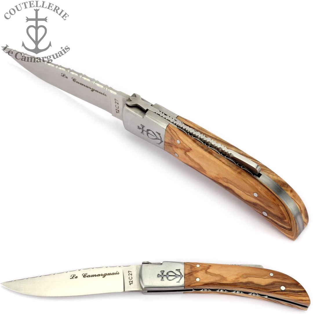 Le Camarguais 12 cm Taschenmesser 20007C - Griffschalen Oliven-Holz - Klinge 10 cm Stahl 12C27-1 Bac