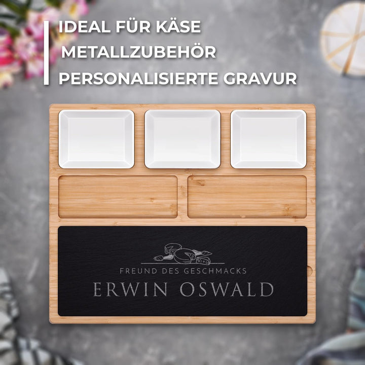 Maverton Servierplatte mit Gravur - Käsebrett mit personalisierter Steinplatte + 3 Keramikschalen -
