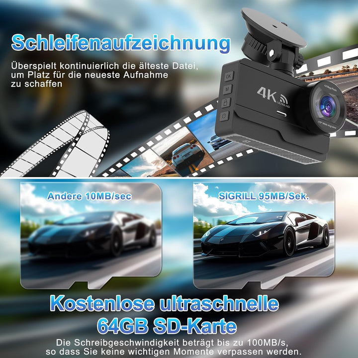SIGRILL 4K/2K+1080P Dashcam Auto Vorne Hinten,WiFi Dash Cam mit 64GB SD Karte, Dasch-cam Auto Nachts