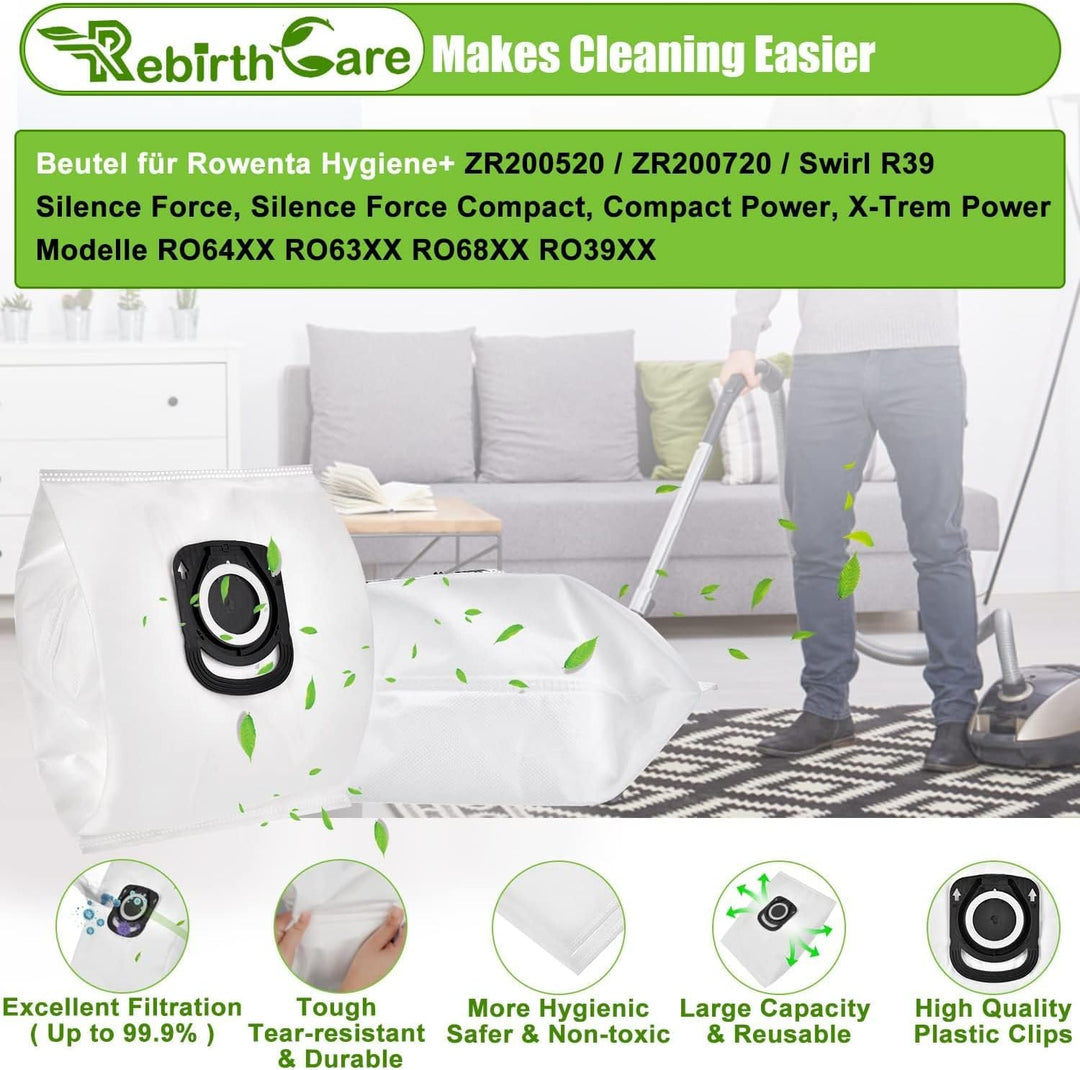 Rebirthcare 10 Stück Staubsaugerbeutel für Rowenta Hygiene+ ZR200520 ZR200720 ZR200920 Staubbeutel B