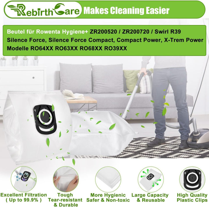 Rebirthcare 10 Stück Staubsaugerbeutel für Rowenta Hygiene+ ZR200520 ZR200720 ZR200920 Staubbeutel B