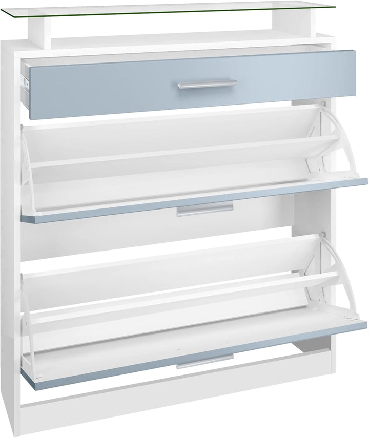 Vladon Schuhschrank Loret 89 x 104 x 23 cm Schuhkipper für 16 Paar Schuhe mit 1 Schublade, 1 Glasabl
