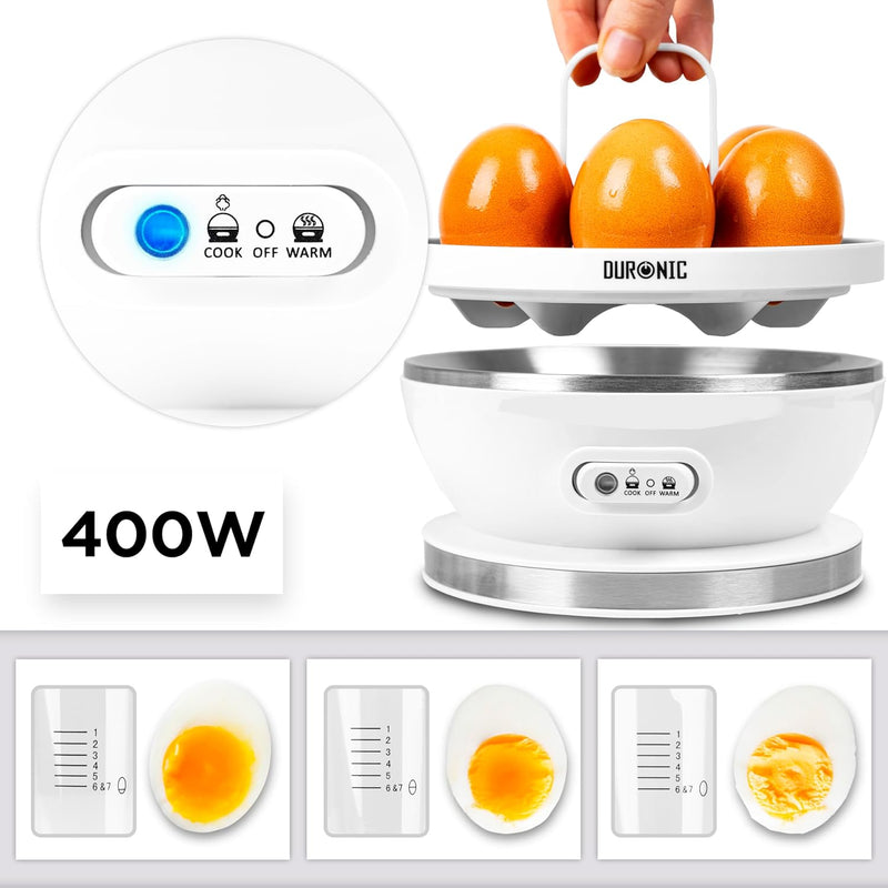 Duronic EB27 WE Eierkocher, Eierkocher für 7 Eier, 400 Watt Eierkocher, Härtegrad von weich bis hart