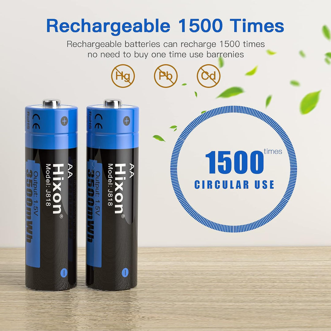 Hixon Akku AA AAA 1,5V Wiederaufladbare Lithium Batterien, Set mit 4 Stücke AA Lithium Akku und 4 St