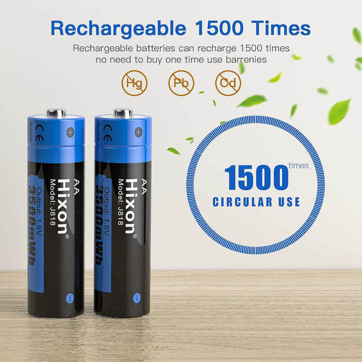 Hixon Akku AA AAA 1,5V Wiederaufladbare Lithium Batterien, Set mit 4 Stücke AA Lithium Akku und 4 St
