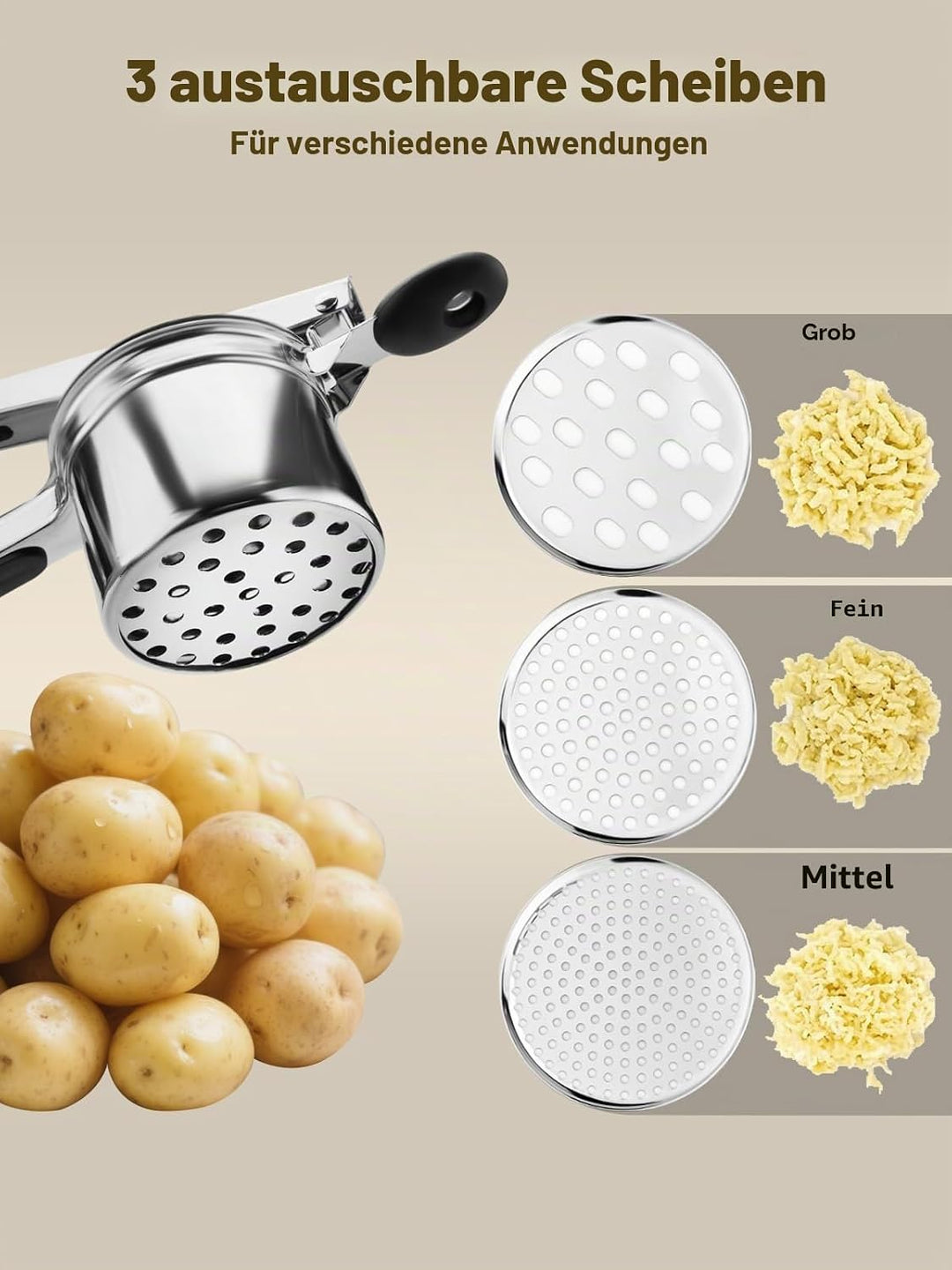 Kartoffelpresse aus robustem Edelstahl, Kartoffelstampfer und -presse für Kartoffelpüree, Küchenhelf