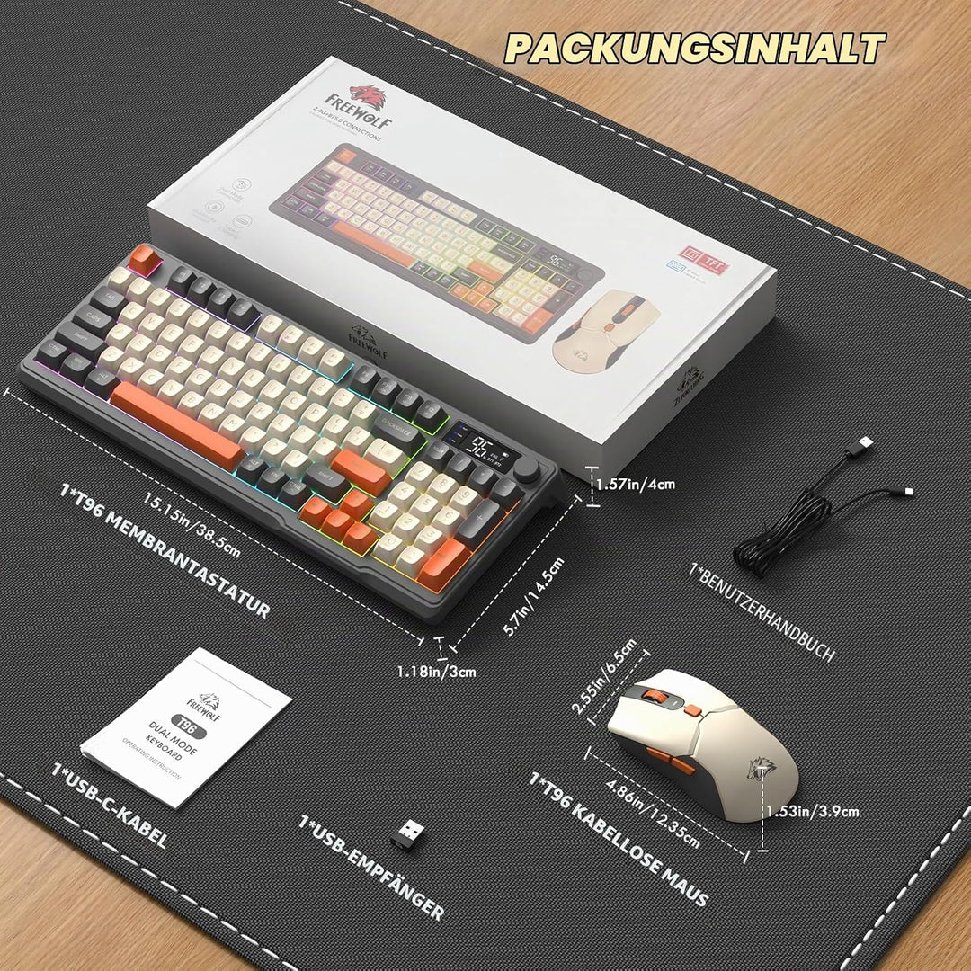 ZIYOU LANG×FREEWOLF T96 Kabelloses Gaming-Tastatur- und Maus-Set, BT/2,4 GHz, Smart Display und Knop