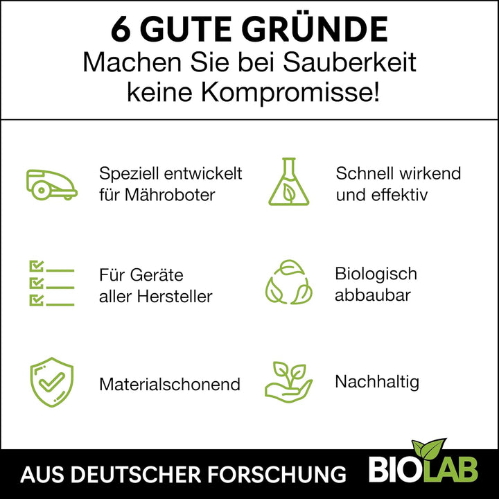 BIOLAB Bio Mähroboter Reiniger (1000 ml Konzentrat) zur Rasenmäher Roboter Reinigung, passend für Ga