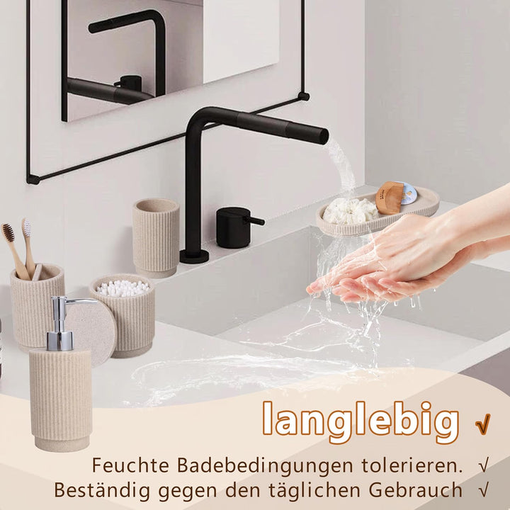 Badezimmer Set 6-teilig – Seifenspender + Zahnputzbecher mit Tablett & Wattestäbchenbox – Streifen-D