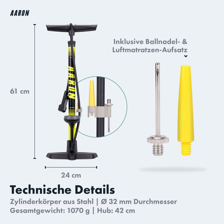 AARON Sport One Fahrrad Standpumpe mit Manometer für alle Ventile | Hochdruck Fahrradpumpe inkl. Bal
