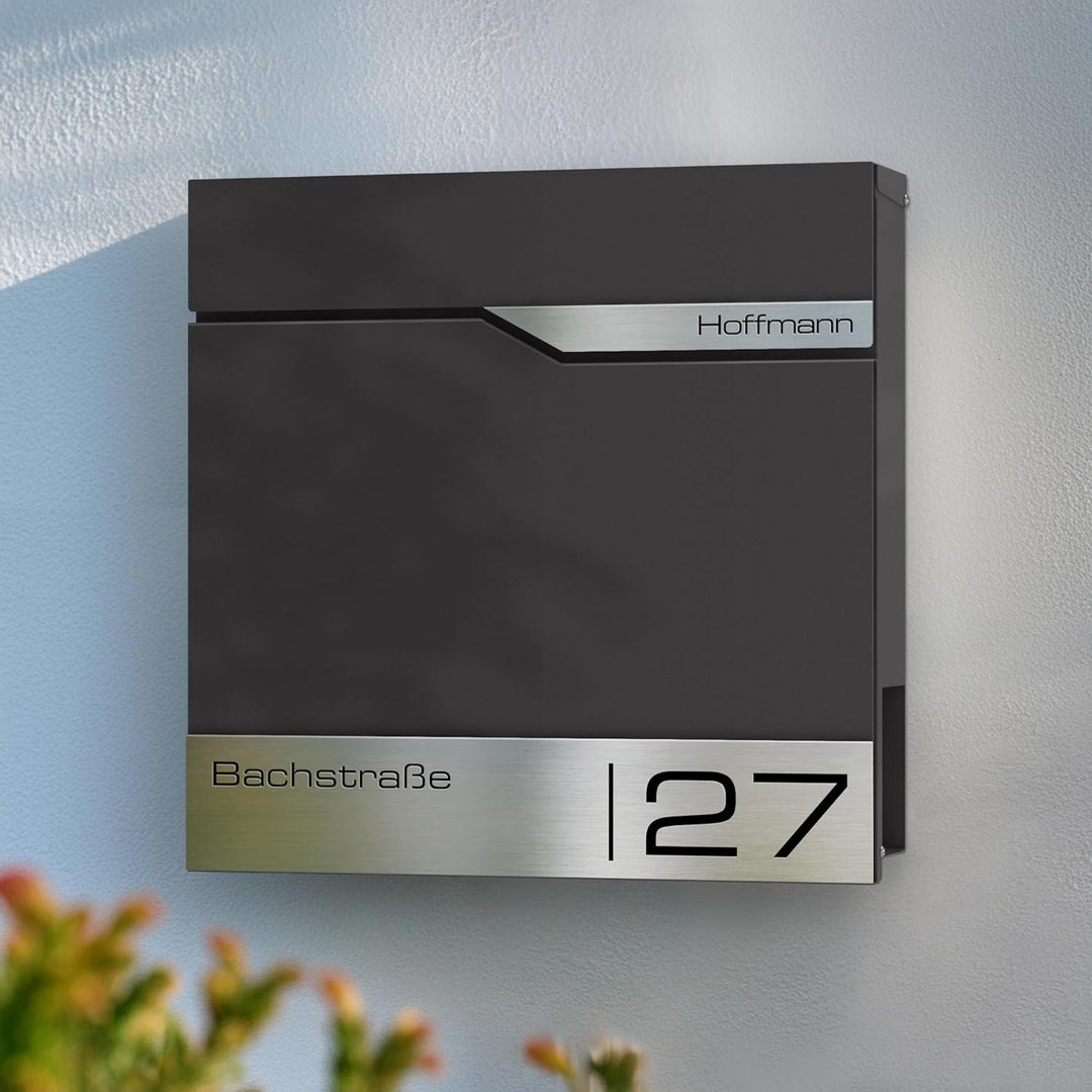 Metzler moderner Briefkasten DB703 Eisenglimmer personalisiert mit Edelstahl-Namensschild, modern, a