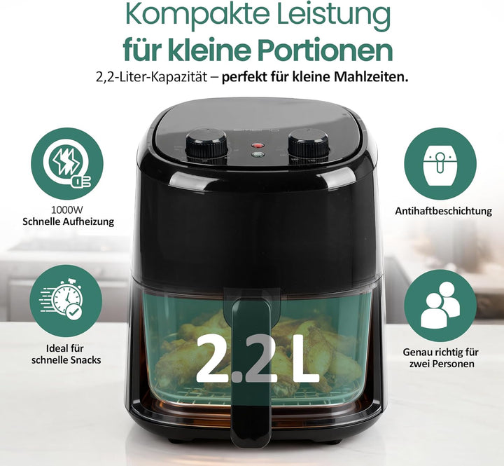 Emerio Heissluftfritteuse AirFryer | 2.2L Volumen für 1 Person oder als Zweitgerät | Frittieren mit