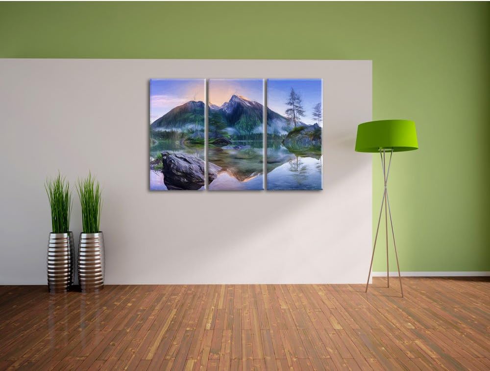 Pixxprint Sonnenaufgang am Hintersee / 3-Teilig/Gesamtmass 120cm Leinwandbild bespannt auf Holzrahme