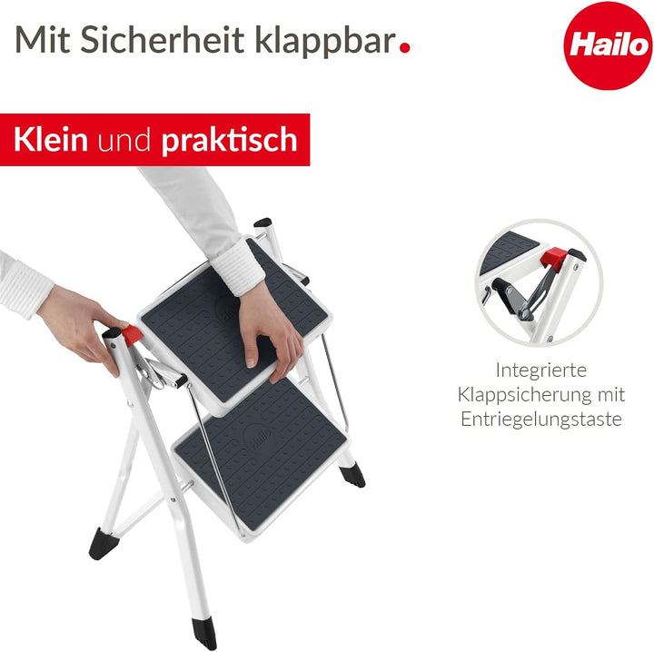 Hailo MK60 Mini Stahl-Trittleiter - 2 grosse Stufen mit Anti-Rutsch-Matten bis 150kg - Klappsicherun