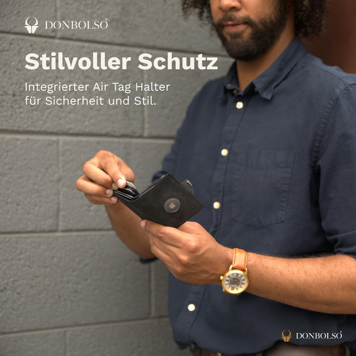 DONBOLSO Wallet mit Airtag - Mini Portemonnaie Vintage-Schwarz mit Münzfach für 15 Karten, RFID-Schu