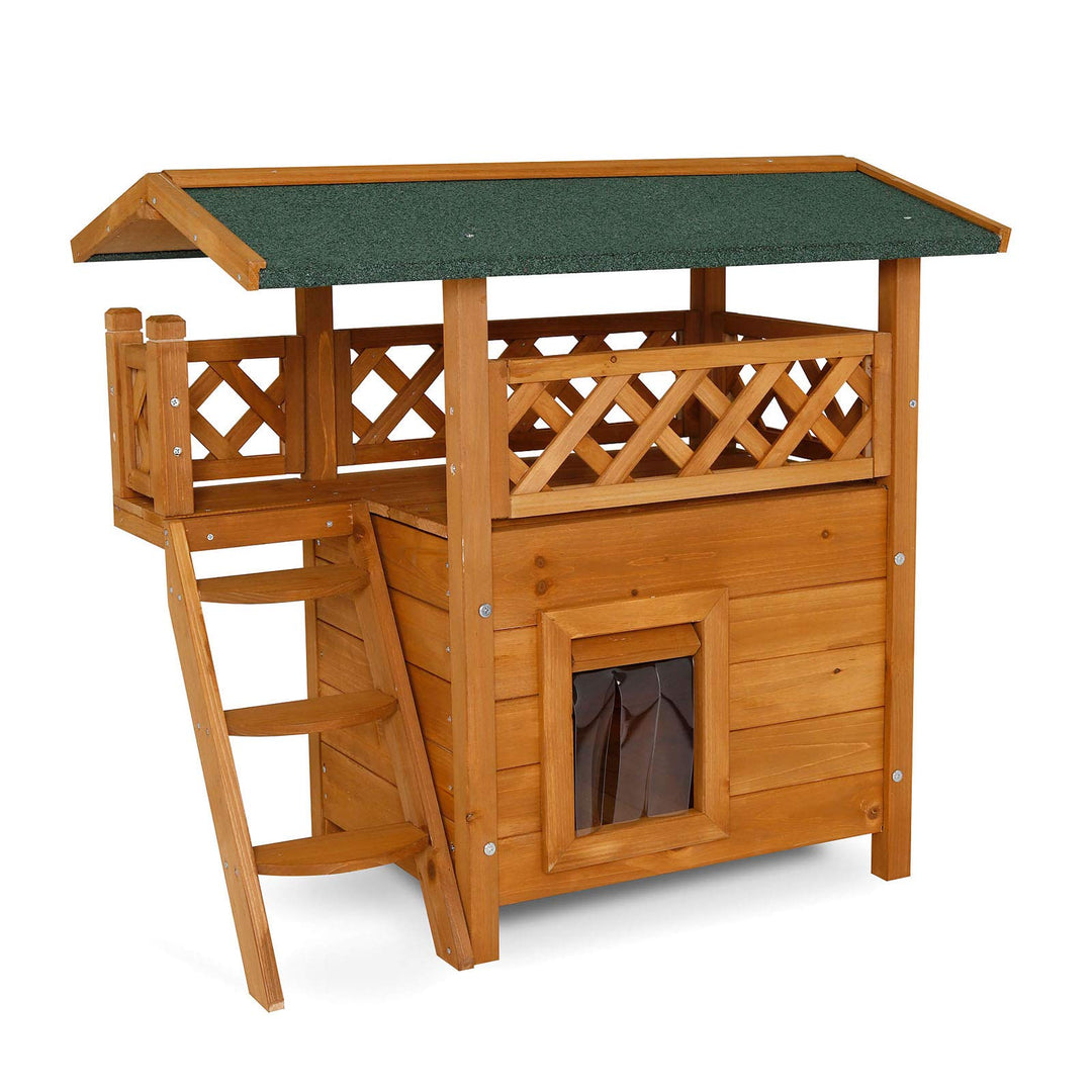 lionto Katzenhaus mit Terrasse und Treppe, Outdoor Lodge für Katzen aus robustem Holz bietet Schutz