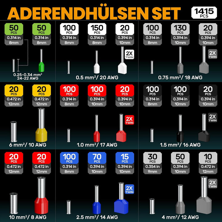 Crimpzangen Aderendhülsen Set,24 Arten isolierte Aderendhülsen und Twin-Aderendhülsen,Sechskant Ader