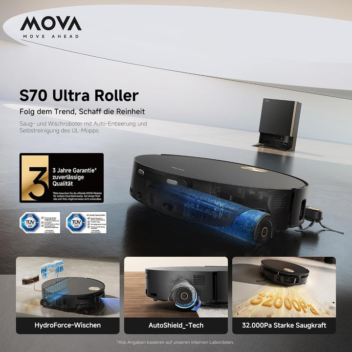 MOVA S70 Ultra Roller Saugroboter, Schwarz, Schwarz