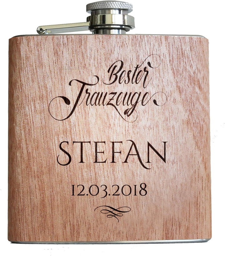 Holz Flachmann Bester Trauzeuge, mit persönlicher Namens Gravur | Geschenk Wunsch Name Datum gravier