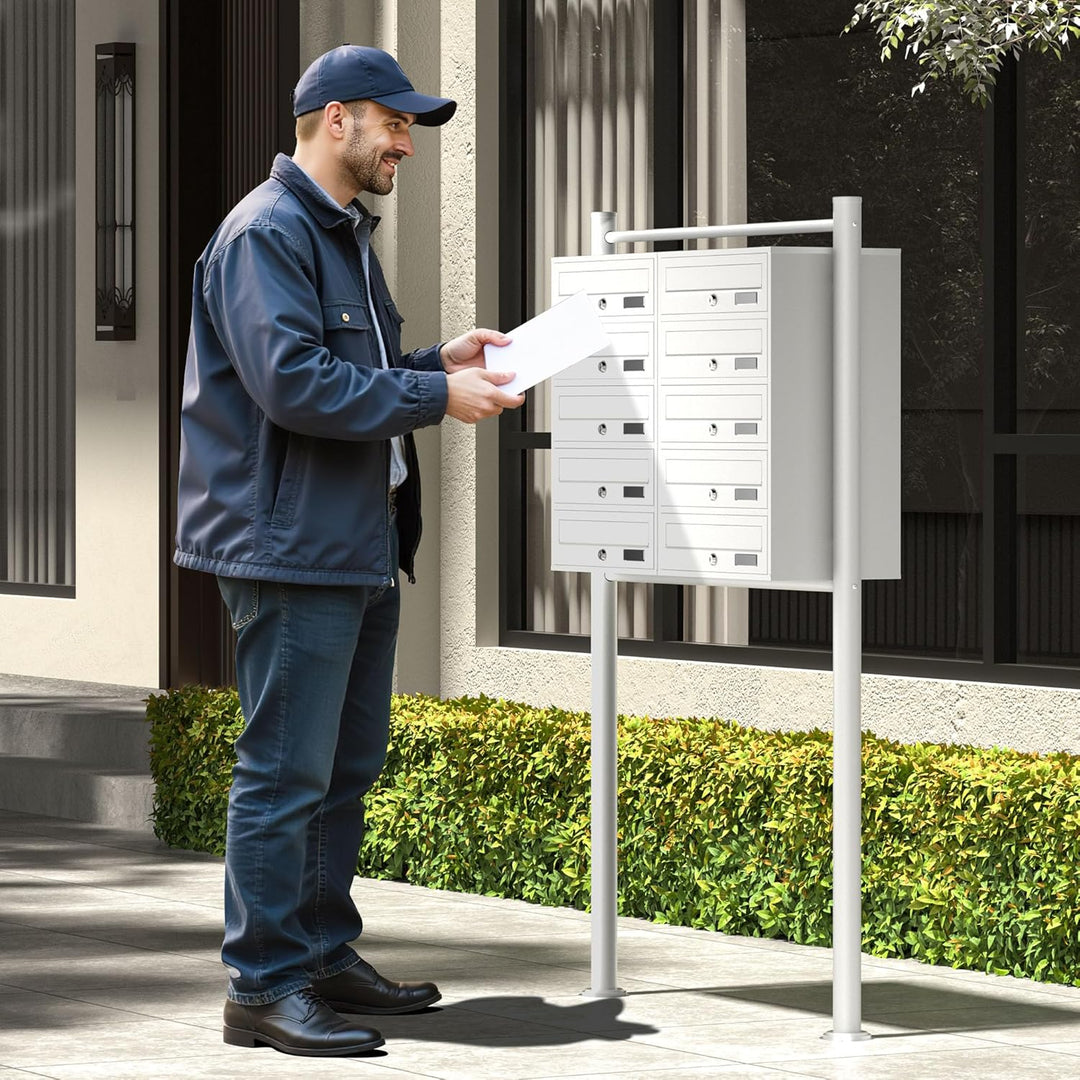 Wiltec 10er Briefkastenanlage weiss 945 x 270 x 1500 mm, Standbriefkasten mit 2x5 Fächern, Schlüssel