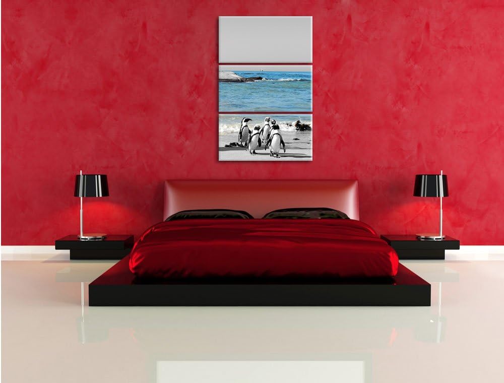 lustige Pinguine am Strand schwarz/weiss 3-Teiler Leinwandbild 120x80 Bild auf Leinwand