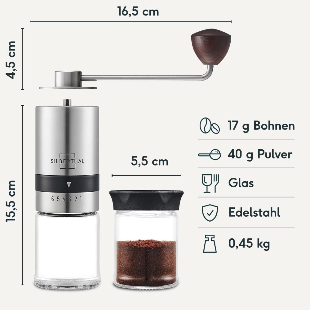 SILBERTHAL Kaffeemühle Manuell Kegelmahlwerk - Verstellbarer Mahlgrad - Handmühle aus Edelstahl und