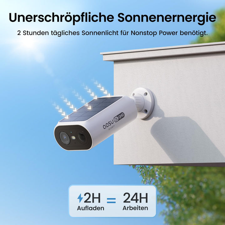 aosu 2K Überwachungskamera Aussen Solar Akku 4 Cam-Kit mit Aosubase Integrierte Solarplatte Kein ABO