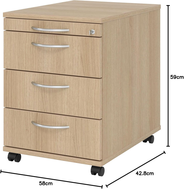 bümö Rollcontainer mit Schubladen, Container abschliessbar aus Holz in Eiche - Rollwagen für&