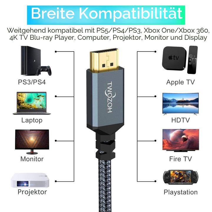 Twozoh 4K HDMI Kabel 2M 2 Stück, Geflochtenes Nylon HDMI auf HDMI Kabel Unterstützt 18Gbps 3D/4K@60H