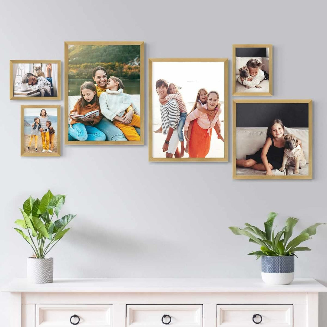 PHOTOLINI Bilderrahmen-Set Gold MDF-Holz, 6er No.3 Rahmenset Posterrahmen, bruchsicheres Acrylglas,