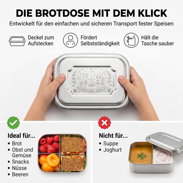 Edelstahl Brotdose, Feste Trennwand und 3 Fächer, Plastikfrei, Rostfrei, Spülmaschinengeeignet, Klei