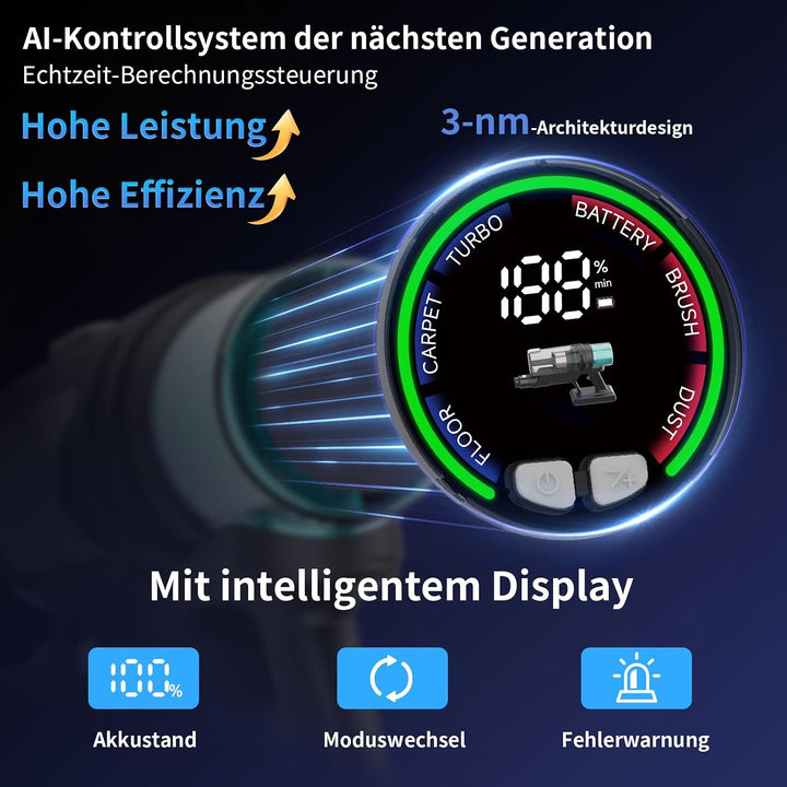 Hearten Akku Staubsauger Kabellos mit Schlauch, 70kPa/600W/70Min, Display, Aufgerüstete Anti-Tangle-