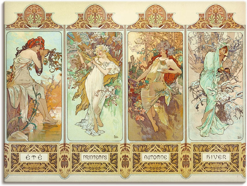 ARTland Leinwandbilder Wandbild Bild auf Leinwand 80x60 cm Wanddeko Alfons Mucha Sommer Herbst Winte