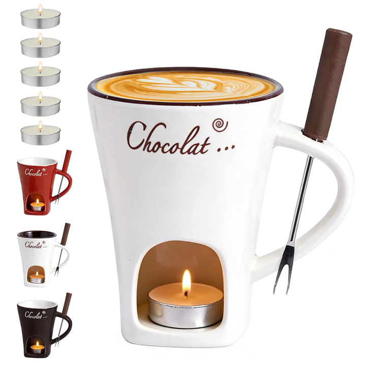Schokofondue Tasse, 200ML Schokoladen Fondue Tassen mit Teelicht, Keramik Schokofondue Tasse Set mit