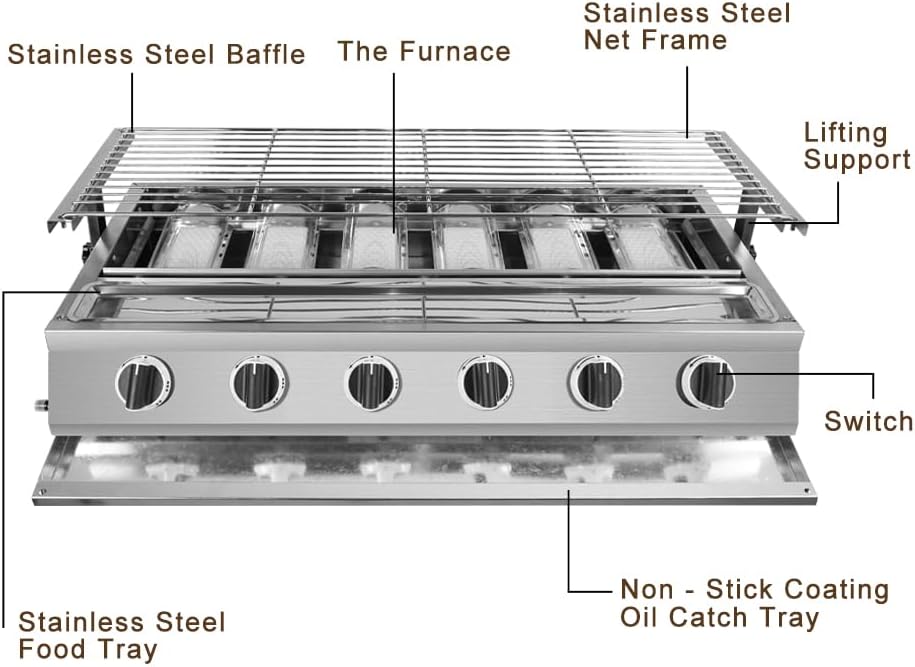 6 burner BBQ grill Outdoor Smokeless LPG Gas grill Stainless Steel Glass Shield Net Size 78cm*25cm A