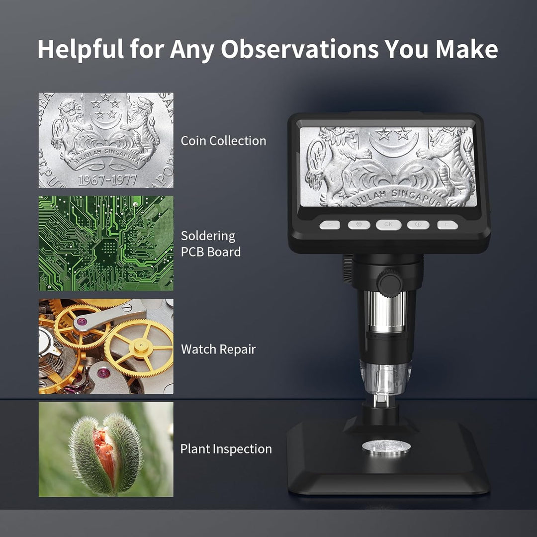 Ashfly Mikroskop, LCD Digital Mikroskop 500X 4,3-Zoll 1080P USB Mikroskop mit 8 einstellbaren LED Li