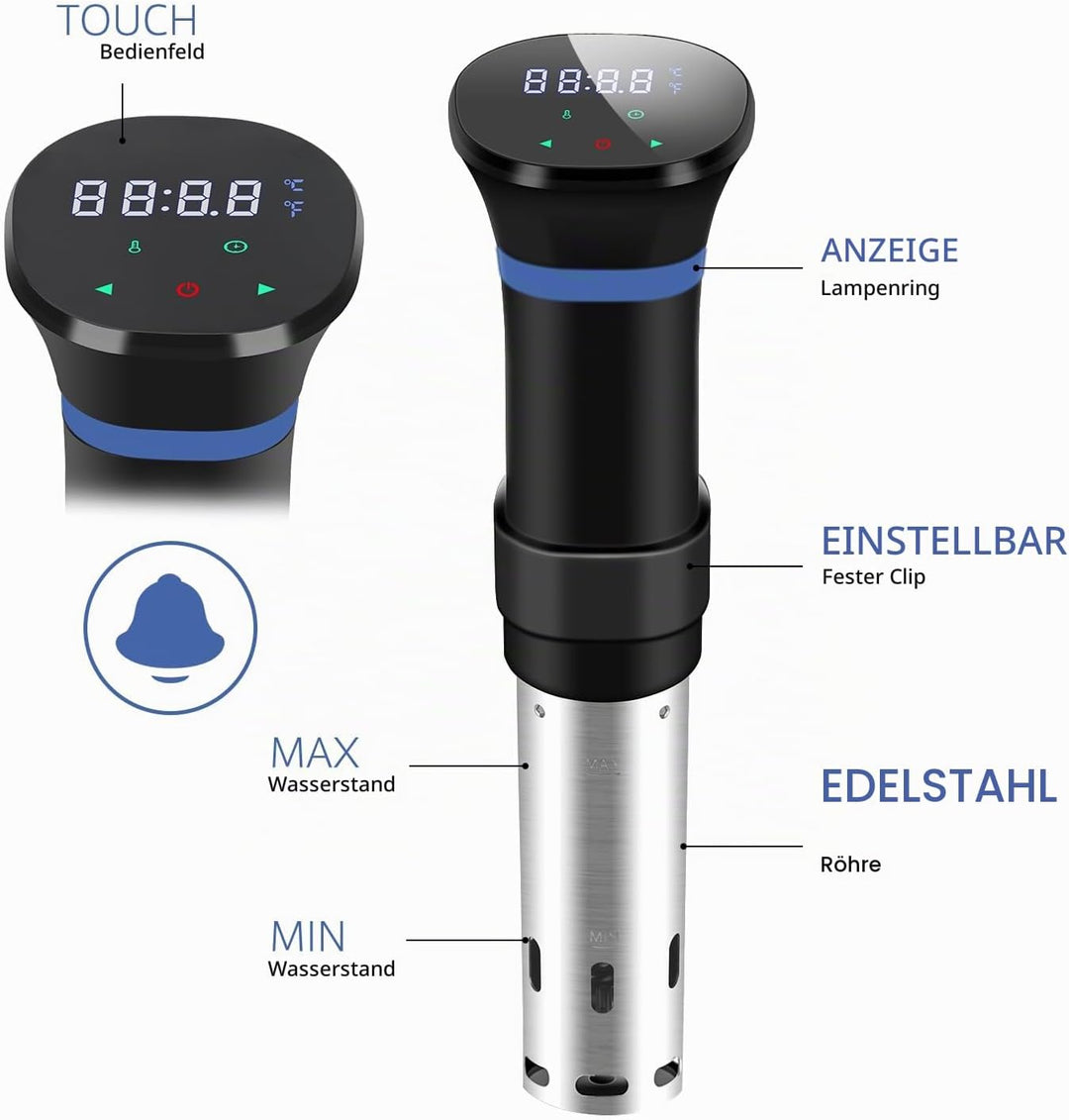 Sous Vide Garer Sous Vide Stick aus Edelstahl, Slow Cooker mit LED Touch-Display, 1000W Sous-vide Ga
